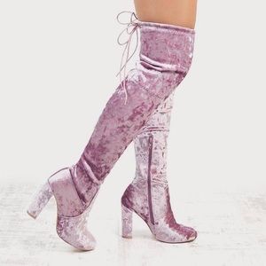 Psychedelic Essex GLam Pastel Pink Velvet Over The Knee Boots